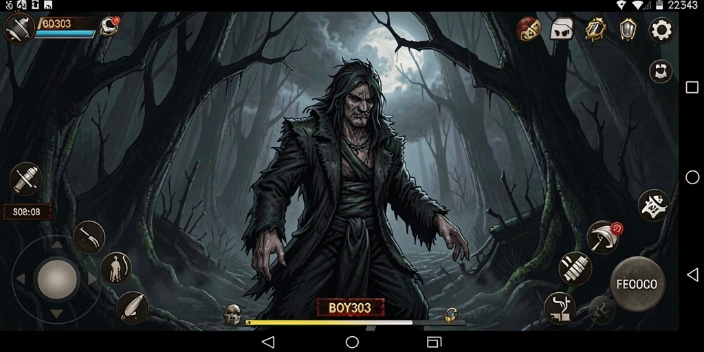 Screenshot menunjukkan momen menegangkan dalam BOY303 saat karakter menghadapi kegelapan.