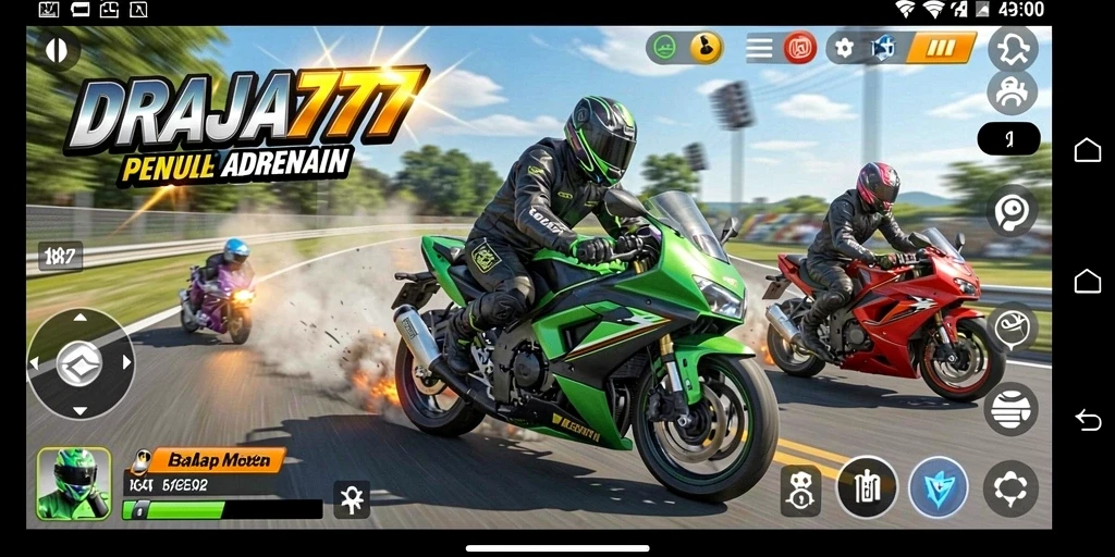 Gameplay DRAJA777 menampilkan aksi balap motor yang seru dan mendebarkan.