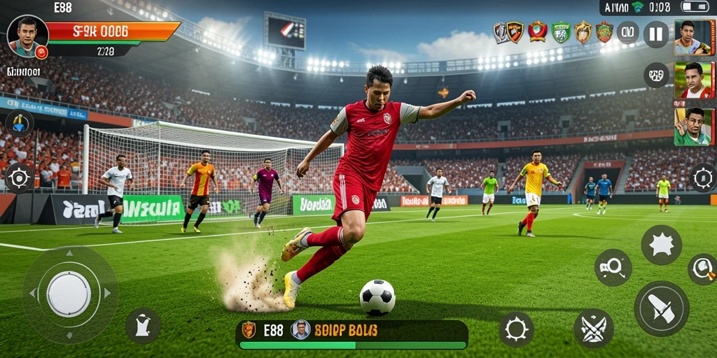 Tangkapan layar gameplay E88 yang menampilkan aksi sepak bola yang mendebarkan.
