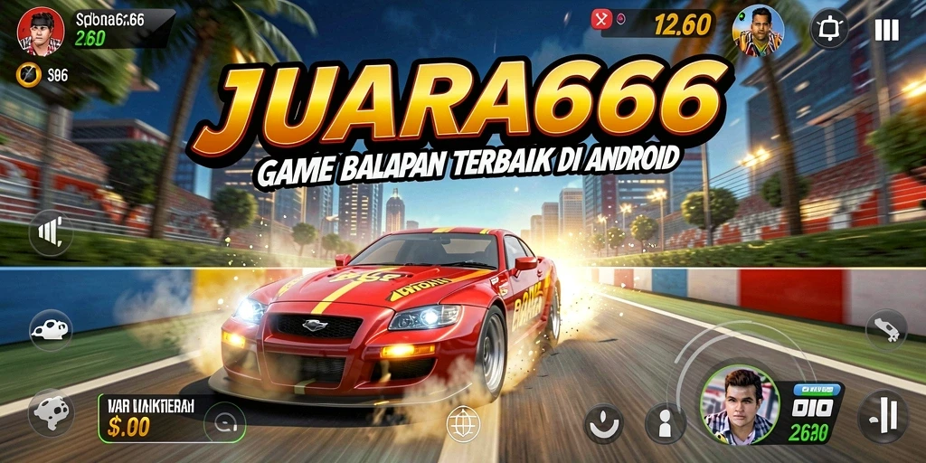 Tampilan gameplay seru dari JUARA666 dengan mobil balap yang memukau.