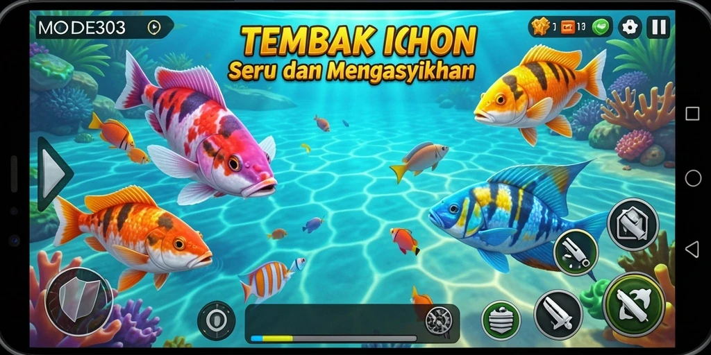 Tampilan gameplay MODE303 saat menembak ikan berwarna-warni.
