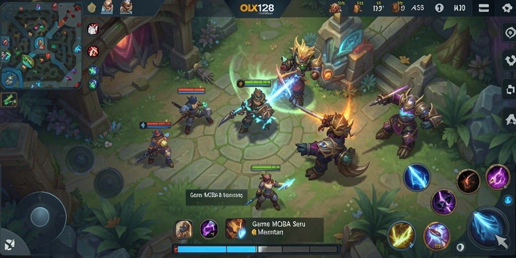 Tampilan gameplay seru dalam OLX128 dengan aksi MOBA yang mendebarkan.