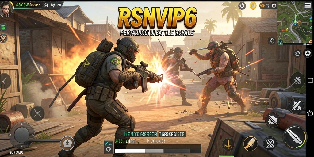 Gameplay RSNVIP6 yang penuh aksi dan strategi Battle Royale.