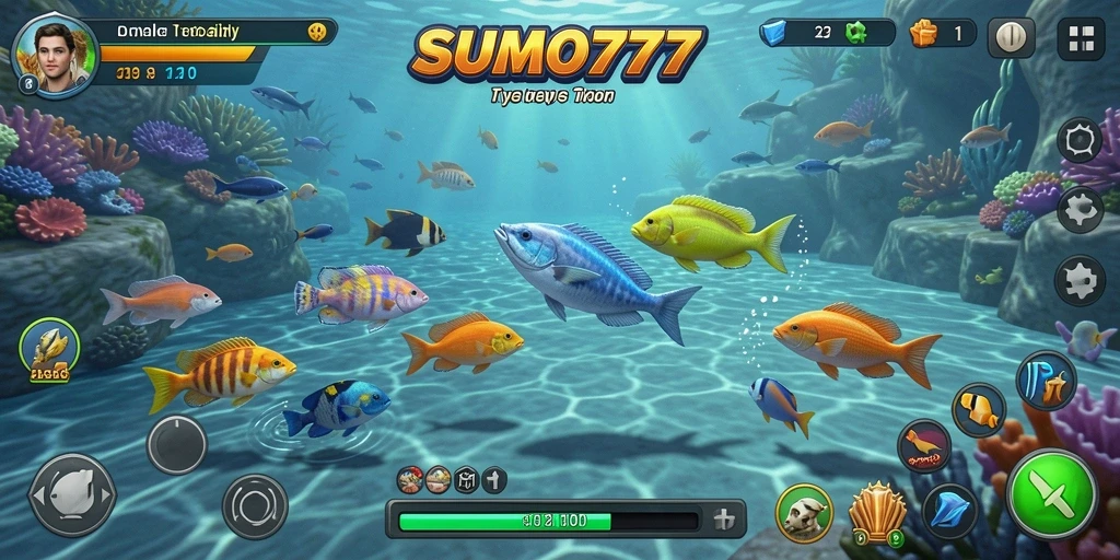 Gameplay seru SUMO777 saat menembak ikan berwarna-warni di lautan.